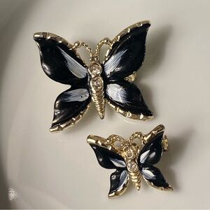 Vintage Two Enamel Butterfly & Rhinestone Gold Tone Scatter Pins Circa 1960